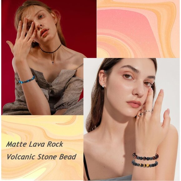 12Pcs Natural Stone Lava Rock Beaded Bracelets for Men and Women, 8mm, Stretchy, - Picture 5 of 7